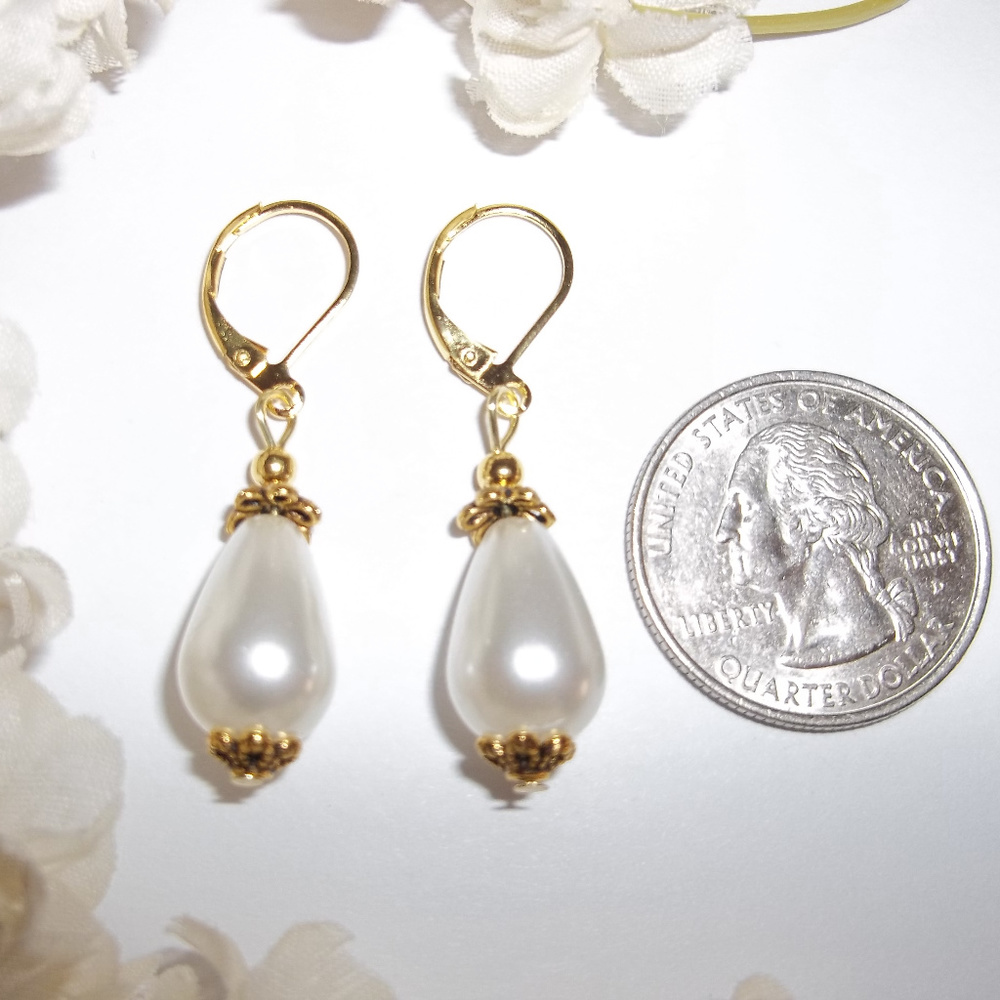 White Gold Pearl Teardrop Earring Dangle Drop Pearl Earring Pearl Earring 3933 - Picture 5 of 5
